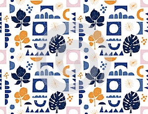 Trendy Colourful Paper cutouts , Hand drawn modern Flower and Leaves design Seamless pattern with Texture
