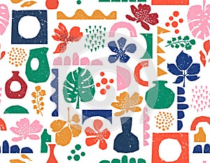 Trendy Colourful Paper cutouts , Hand drawn modern Flower and Leaves design Seamless pattern with Texture