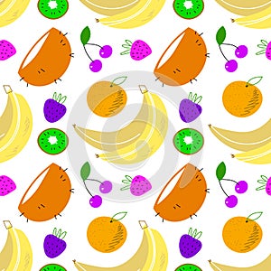 Trendy and colourful of Summer fruits hand drawn style, seamless pattern vector ,Design for fashion , fabric, textile