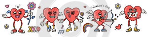 Trendy comic groovy valentines day sticker set of heart characters with wings. Cute and weird cupid mascots. Retro