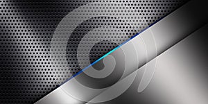 Trendy composition of blue technical shapes on black background. Dark metallic perforated texture design. Technology illustration
