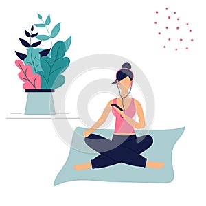 Trendy concept of fitness class and using mobile phone:girl sit in yoga pose with smart phone and headphones.Flat Funky Figures
