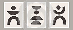 Trendy contemporary Abstract wall art, Set of 3 boho art prints, Minimal black shapes on beige.