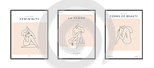 Trendy contemporary posters set. Minimal female silhouette Abstract woman body feminine design. Line art. Femininity