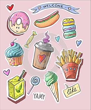 Trendy cool set of fast food patch badges in pop art style. Vector collection of hand drawn stickers and pins with meal