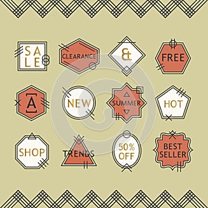 Trendy coral red and white line sale emblems set on beige background