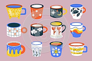 Trendy cups. Beautiful tea and coffee mugs, color patterned crockery, cute hot morning drinks ceramics, different designs cozy