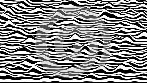 Trendy 3D black and white stripes distorted backdrop. Procedural ripple background with optical illusion effect