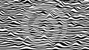Trendy 3D black and white stripes distorted backdrop. Procedural ripple background with optical illusion effect