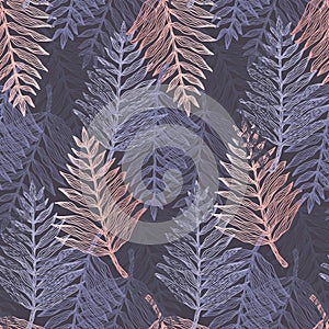 Trendy dark blue and pink tropical leaves pattern