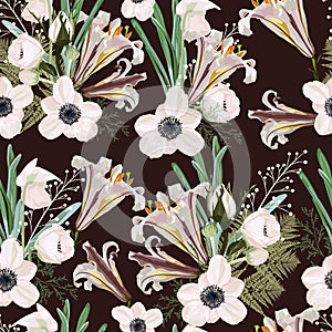 Trendy dark brown vintage Floral pattern with the many kind of flowers.