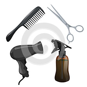 Trendy design haircare icons set. Brown container with spray, scissors, hair dryer and comb. Professional black hair styling acces