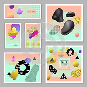 Trendy Design Set with Golden Glitter Elements and Geometric and Fluid Shapes. Abstract Templates for Posters, Banners