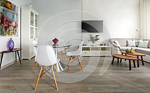 Trendy designed dining and living rooms in white lagom Scandinavian style. Elegant contemporary loft concept