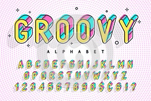 Trendy display font popart design, alphabet, letters and numbers