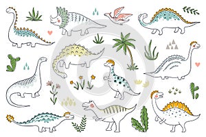 Trendy doodle dinosaurs. Cute outline dino babies set, funny cartoon dragons and Jurassic dinosaurs. Vector prehistoric