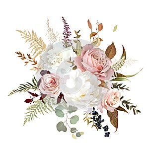 Trendy dried leaves, blush pink rose, white peony and carnation, astilbe, pampas grass