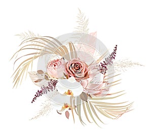 Trendy dried palm leaves, blush pink rose, pale protea vector design wedding bouquet