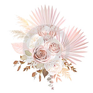 Trendy dried palm leaves, blush pink rose, pale protea, white ranunculus