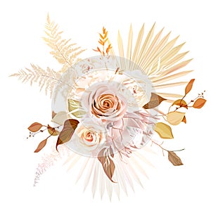 Trendy dried palm leaves, blush pink rose, pale protea, white ranunculus, pampas grass vector