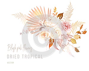 Trendy dried palm leaves, blush pink and rust rose, pale protea, white peony, ranunculus