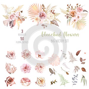 Trendy dried palm leaves, blush pink and rust rose, pale protea, white ranunculus