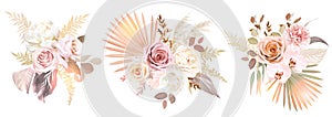 Trendy dried palm leaves, blush pink and rust rose, pale protea, white ranunculus