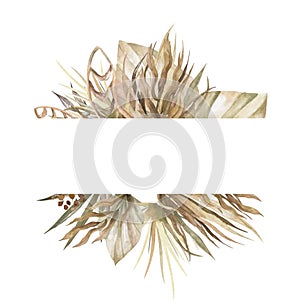 Trendy dried palm leaves, pale protea, orchid, pampas grass, hydrangea rose, fern, white ruscus wedding banner. Trendy