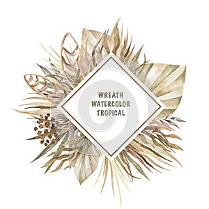 Trendy dried palm leaves, pale protea, orchid, pampas grass, hydrangea rose, fern, white ruscus wedding banner. Trendy