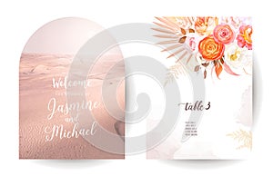 Trendy dried palm leaves, rose, orange ranunculus vector wedding banner. Desert sands