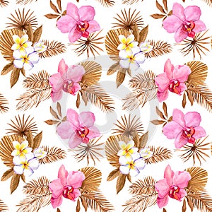 Trendy dry leaves, tropical orchid flowers seamless pattern. Watercolor dried palm leaf in pale earth tones, repeating