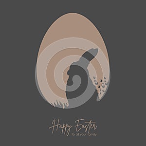 Trendy Easter card with silhouette of hare in the shape of big egg, cute Easter egg with bunny on grass template