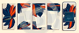 Trendy editable stories templates with blue and orange flowers, vector illustration. instagram highlight covers. Insta fashion