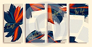 Trendy editable stories templates with blue and orange flowers, vector illustration. instagram highlight covers. Insta fashion photo