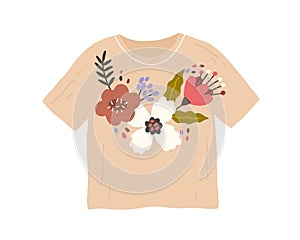 Trendy fashion clothes with handmade flower embroidery in retro style. Customized t-shirt with DIY pattern. Flat vector