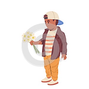 Trendy fashion cool little boy child cartoon character standing with daisy flowers bouquet