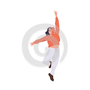 Trendy fashion impressive teenager girl street breakdance performer freezing in movement pose