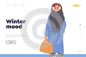 Trendy fashion outfit for female winter mood landing page design template with stylish woman