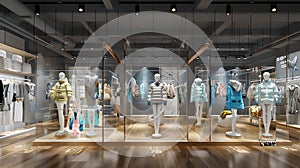 Trendy Fashion Retail Store Interior with Mannequins and Stylish Clothing. Modern Shop Design. Ideal for Marketing. AI