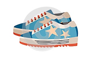 Trendy and fashion women's sneakers with thick sole. Side view of modern sport shoes or footwear. Colored flat vector