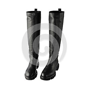 Trendy fashionable black leather knee high women pair boots isolated on white