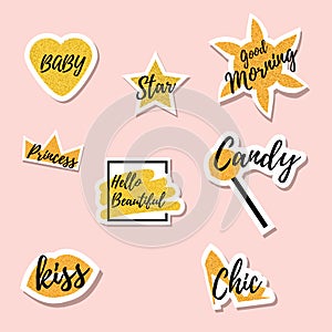 Trendy fashionable gold colored pins. Cool patches, badges, stickers with text, sms messages