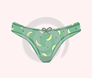 Trendy female panties. Cute green panty with bananas. Home nightclothes. Modern hand drawn undergarments. Vintage vector