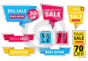 Trendy flat banners. Offers advertizing discount tags promo labels stickers graphic vector colored shapes