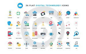 Trendy flat color icons set, digital technology and internet communication.