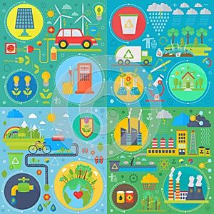 Trendy flat design ecology vector set of web icons. Ecological friendly, low zero emission. Modern green power plants