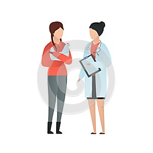 Trendy flat farmring character vector cartoon illustration. Female farmer visit veterinarian for an examination of a hen isolated