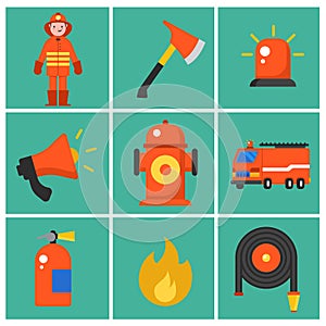Trendy flat Fireman icons. Set of Fireman icons. Fireman elements for info graphic. Vector illustration