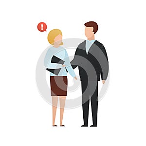 Trendy flat harrasment character vector cartoon illustration. Sexual harrasment concept. Man touches a woman by hand isolated on