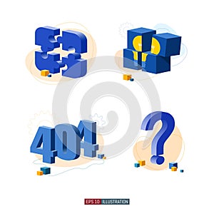 Trendy flat illustration set. Puzzle pieces. Idea. 404 error page. Frequently asked questions.